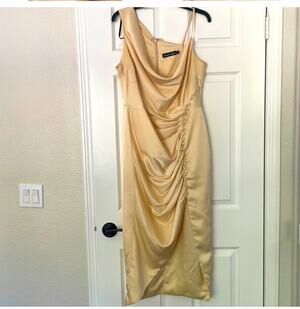 Lavish Alice Golden Yellow Cowl Neck One Shoulder Ruched Gown, A32
